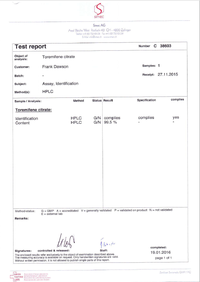 Farestos Toremifene citrate - purity report